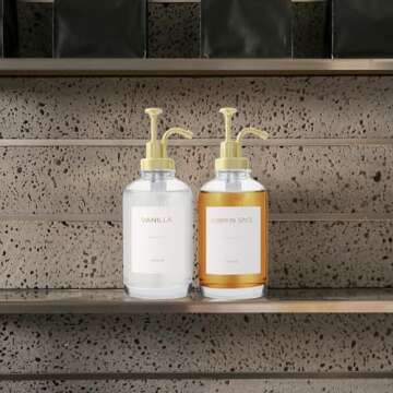 BONLONG Coffee Syrup Dispenser for Coffee Bar Accessories, Coffee Syrup Pump Dispenser, 16.9OZ Glass Syrup Bottles with 18 Coffee Syrup Labels, Gold Pump. (Clear)