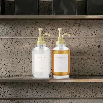 BONLONG Coffee Syrup Dispenser for Coffee Bar Accessories, Coffee Syrup Pump Dispenser, 16.9OZ Glass Syrup Bottles with 18 Coffee Syrup Labels, Gold Pump. (Clear)