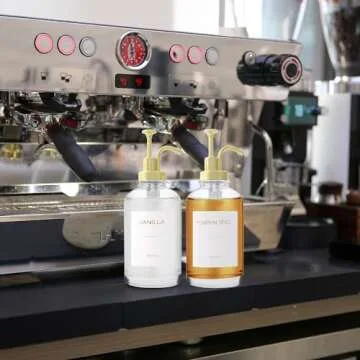 BONLONG Coffee Syrup Dispenser for Coffee Bar Accessories, Coffee Syrup Pump Dispenser, 16.9OZ Glass Syrup Bottles with 18 Coffee Syrup Labels, Gold Pump. (Clear)