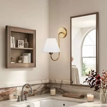 Contemporary Linen Shade Sconce, Stainless Steel, Oil Rubbed Bronze, Brass, White Linen Shade, Damp Rated, Wall Lights for Living Room (Brass, Single)