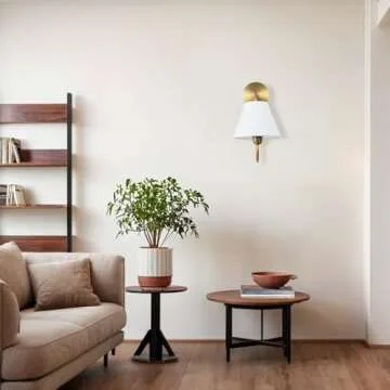 Contemporary Linen Shade Sconce, Stainless Steel, Oil Rubbed Bronze, Brass, White Linen Shade, Damp Rated, Wall Lights for Living Room (Brass, Single)