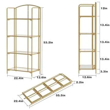 Crofy No Assembly Folding Bookshelf for Living Room, 4 Tier Gold Collapsible Book Shelf for Home Office, Portable Bookcase Storage Organizer