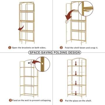 Crofy No Assembly Folding Bookshelf for Living Room, 4 Tier Gold Collapsible Book Shelf for Home Office, Portable Bookcase Storage Organizer