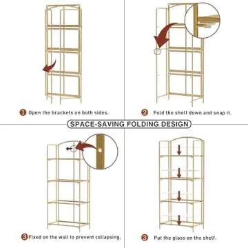 Crofy No Assembly Folding Bookshelf for Living Room, 4 Tier Gold Collapsible Book Shelf for Home Office, Portable Bookcase Storage Organizer