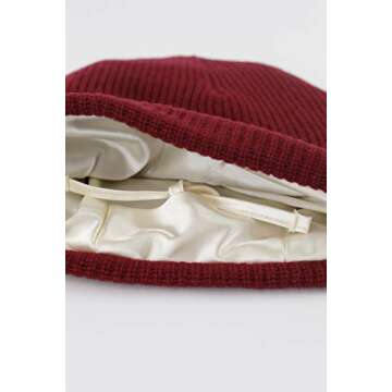 Grace Eleyae GE Adjustable Satin Lined Wool Winter Cap Silky Sleeping Beanie Hat, Wine Red
