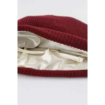 Grace Eleyae GE Adjustable Satin Lined Wool Winter Cap Silky Sleeping Beanie Hat, Wine Red