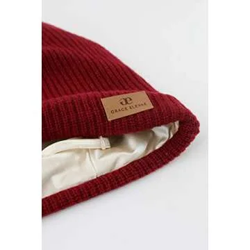 Grace Eleyae GE Adjustable Satin Lined Wool Winter Cap Silky Sleeping Beanie Hat, Wine Red