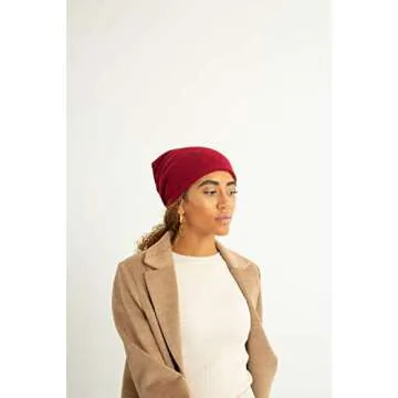 Grace Eleyae GE Adjustable Satin Lined Wool Winter Cap Silky Sleeping Beanie Hat, Wine Red