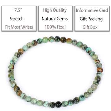 QOGIR African Turquoise Bracelet - Discovery Bracelet for Women Men - Handmade Natural Gem Stone Beaded Stretch Elastic Healing Bracelets 4mm