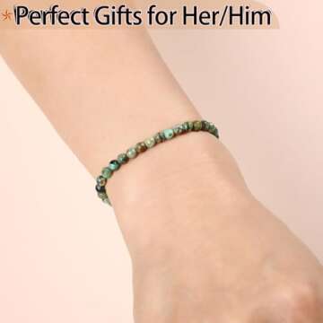 QOGIR African Turquoise Bracelet - Discovery Bracelet for Women Men - Handmade Natural Gem Stone Beaded Stretch Elastic Healing Bracelets 4mm