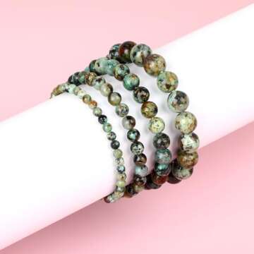 QOGIR African Turquoise Bracelet - Discovery Bracelet for Women Men - Handmade Natural Gem Stone Beaded Stretch Elastic Healing Bracelets 4mm