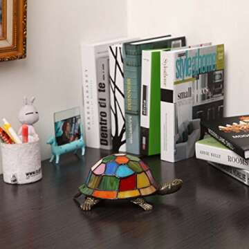 Bieye L10594 Turtle Tiffany Style Stained Glass Accent Table Lamp Night Light for Bedside Living Roo...