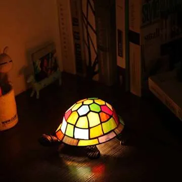 Bieye L10594 Turtle Tiffany Style Stained Glass Accent Table Lamp Night Light for Bedside Living Room (Multi-Colored)