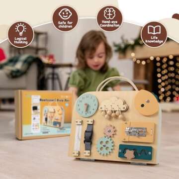 TQJ Montessori Busy Board Toddler for Toddlers with Drawing Board Baby Busy Board Wooden Sensory Boa...