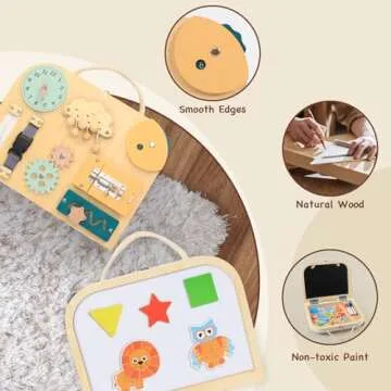 TQJ Montessori Busy Board Toddler for Toddlers with Drawing Board Baby Busy Board Wooden Sensory Board Montessori Toys Preschool Education Learning Fine Motor Life Thinking and Hands-on Skill