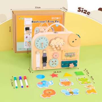 TQJ Montessori Busy Board Toddler for Toddlers with Drawing Board Baby Busy Board Wooden Sensory Board Montessori Toys Preschool Education Learning Fine Motor Life Thinking and Hands-on Skill