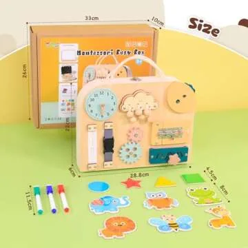 TQJ Montessori Busy Board Toddler for Toddlers with Drawing Board Baby Busy Board Wooden Sensory Board Montessori Toys Preschool Education Learning Fine Motor Life Thinking and Hands-on Skill