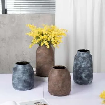 Briful 9.6in Large Rustic Brown Ceramic Vase,Vintage Farmhouse Flowers Vase,Shabby Terra Cotta Vase, Antique Pottery Decorative Pampas Vase for Home Office Table Shelf Mantel Porch Decorations