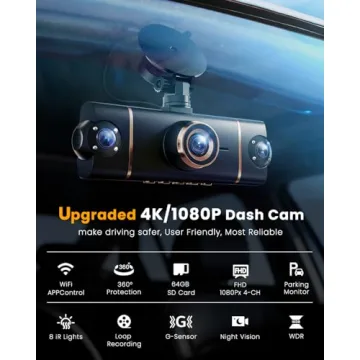 4 Channel 360° Dash Cam Front Rear Inside & Left Right, 4K+1080P*3 FHD Car Camera, 5GHz WiFi & App ...