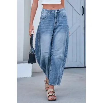 GREAIDEA Mid Rise Barrel Jeans for Women Wide Leg Mid Waist Cropped Denim Pants Y2k Baggy Boyfriend Jeans with Pockets Medium Blue