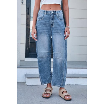 GREAIDEA Mid Rise Barrel Jeans for Women Wide Leg Mid Waist Cropped Denim Pants Y2k Baggy Boyfriend Jeans with Pockets Medium Blue