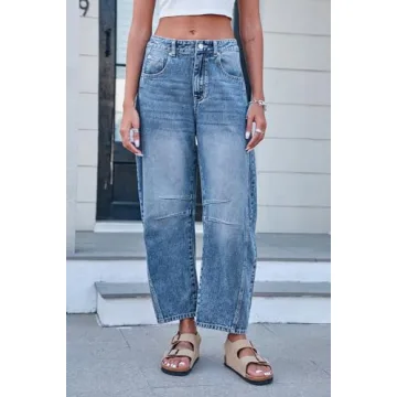 GREAIDEA Mid Rise Barrel Jeans for Women Wide Leg Mid Waist Cropped Denim Pants Y2k Baggy Boyfriend Jeans with Pockets Medium Blue