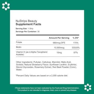 NuStrips Beauty | Strawberry Flavored Oral Strips with Biotin, Folate and Vitamin E | Vitamins for Hair, Skin & Nails | Maximum Absorption, Fast Results | 30 Individually Wrapped Strips