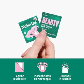 NuStrips Beauty | Strawberry Flavored Oral Strips with Biotin, Folate and Vitamin E | Vitamins for Hair, Skin & Nails | Maximum Absorption, Fast Results | 30 Individually Wrapped Strips