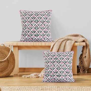 Ridhi Block Print Cotton Throw Pillow Covers for Decorative Couch Pillows for Living Room, Chic Boho Cute Outdoor Valentine Easter Spring Pillows Covers Gifts Pink and White 18x18 Inches