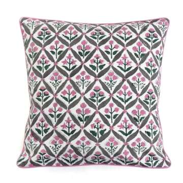 Ridhi Block Print Cotton Throw Pillow Covers for Decorative Couch Pillows for Living Room, Chic Boho Cute Outdoor Valentine Easter Spring Pillows Covers Gifts Pink and White 18x18 Inches