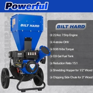 BILT HARD Wood Chipper Powerful 7.5 HP Multi-Function Shredder