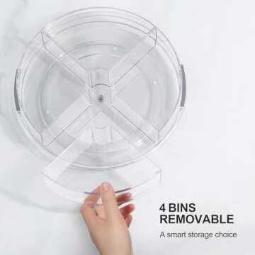 LAMU Lazy Susan Organizer Turntable for Cabinet with 4 Removable Dividers Bins, Rotating Organizer for Medicine Cabinet, Kitchen, Countertop, Pantry, Fridge, Bathroom Counter, 10.6 inch, Clear