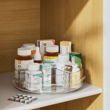 LAMU Lazy Susan Organizer Turntable for Cabinet with 4 Removable Dividers Bins, Rotating Organizer for Medicine Cabinet, Kitchen, Countertop, Pantry, Fridge, Bathroom Counter, 10.6 inch, Clear