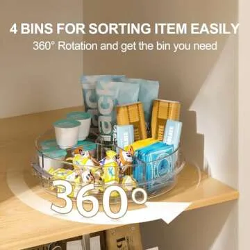LAMU Lazy Susan Organizer Turntable for Cabinet with 4 Removable Dividers Bins, Rotating Organizer for Medicine Cabinet, Kitchen, Countertop, Pantry, Fridge, Bathroom Counter, 10.6 inch, Clear