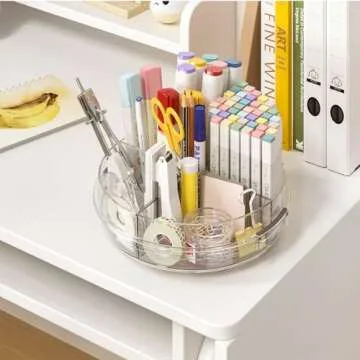 LAMU Lazy Susan Organizer Turntable for Cabinet with 4 Removable Dividers Bins, Rotating Organizer for Medicine Cabinet, Kitchen, Countertop, Pantry, Fridge, Bathroom Counter, 10.6 inch, Clear