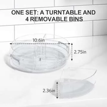 LAMU Lazy Susan Organizer Turntable for Cabinet with 4 Removable Dividers Bins, Rotating Organizer for Medicine Cabinet, Kitchen, Countertop, Pantry, Fridge, Bathroom Counter, 10.6 inch, Clear