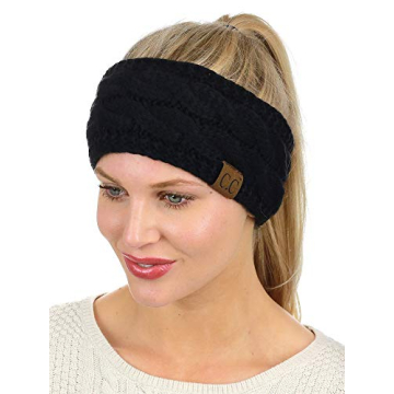 C.C Soft Stretch Winter Warm Cable Knit Fuzzy Lined Ear Warmer Headband - Black