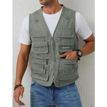 Gihuo Men's Fishing Vest Casual Utility Travel Safari Cargo Outdoor Work Photo Fly Vest Jacket with Multi Pockets (X-L, Army green)