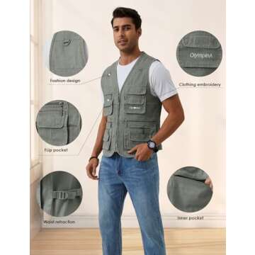 Gihuo Men's Fishing Vest Casual Utility Travel Safari Cargo Outdoor Work Photo Fly Vest Jacket with Multi Pockets (X-L, Army green)