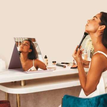 ZBEIVAN 12x9 Inches Portable Folding Makeup Mirror, Frameless PU Leather Desk Mirror with Stand for Camping Travel Tabletop Personal, Pink