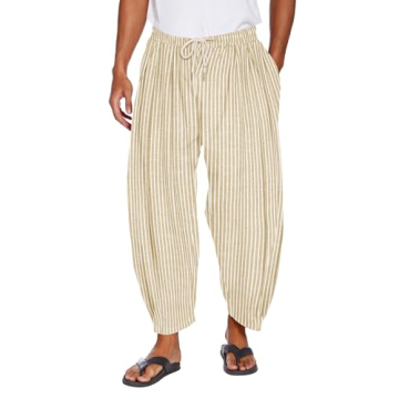 COOFANDY Men's Cotton Linen Harem Pants Drawstring Casual Cropped Trousers Lightweight Loose Beach Y...