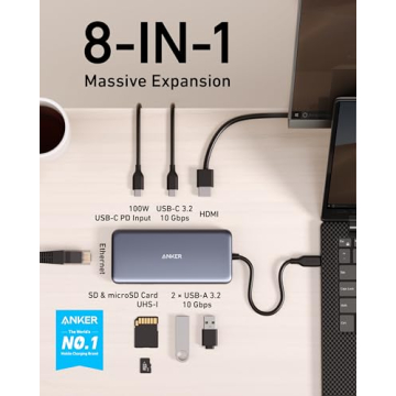 Anker 555 USB-C Hub (8-in-1), with 100W Power Delivery, 4K 60Hz HDMI Port, 10Gbps USB C and 2 A Data Ports, Ethernet microSD SD Card Reader, for MacBook Pro More
