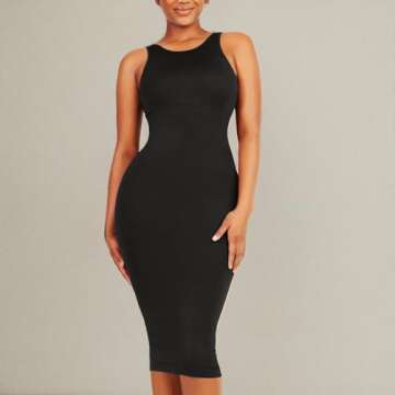 Dresses for Women 2023 Tummy Control Shapewear I Midi Sleeveless High Neck Sculpting Dress Body Shaper (Black - M/L)