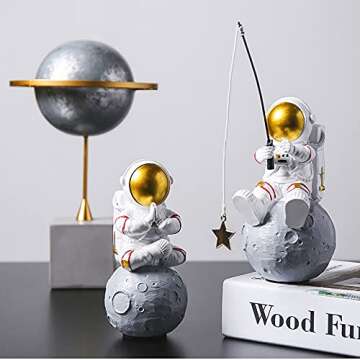 Astronaut Figurine Statue, Astronaut Fishing Star Figure Sculpture for Desktop & Tabletop Decor, Res...