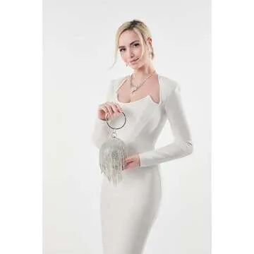 UMREN Women Round Ball Crystal Evening Clutch Purse Tassel Wedding Party Hand Bags Silver