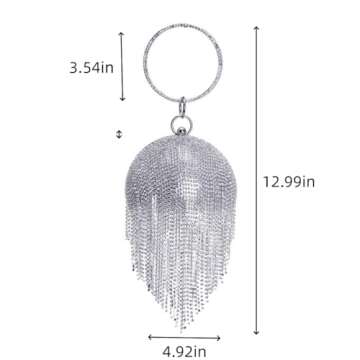 UMREN Women Round Ball Crystal Evening Clutch Purse Tassel Wedding Party Hand Bags Silver