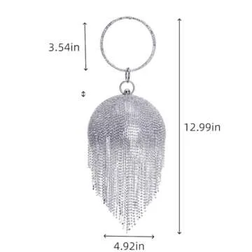 UMREN Women Round Ball Crystal Evening Clutch Purse Tassel Wedding Party Hand Bags Silver