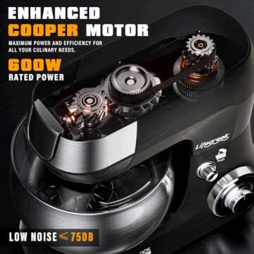 Lifecreek 6-in-1 Multifunctional Stand Mixer, 5.3Qt 660W, 6-Speed Tilt-head, Electric Kitchen Mixer with Stainless Steel Bowl,Meat Grinder, Juice Blender (Black)