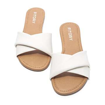 FITORY Women's Flat Sandals Fashion Slides With Soft Leather Slippers for Summer White Size 7