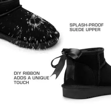 DREAM PAIRS Ankle Winter Mini Boots for Women Genuine Suede Faux Fur Lining Water Resistant Warm Snow Boots Slip On Memory Foam Comfort Booties FuzzyClassic,Size 10,Black,SDSB2405W